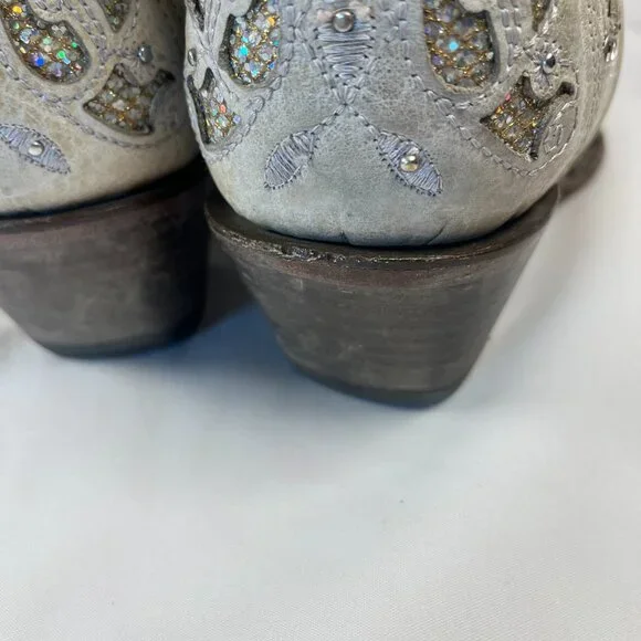 WOMEN'S WHITE GLITTERED INLAY AND CRYSTALS SNIP COWBOY BOOT 9M - Picture 5 of 16